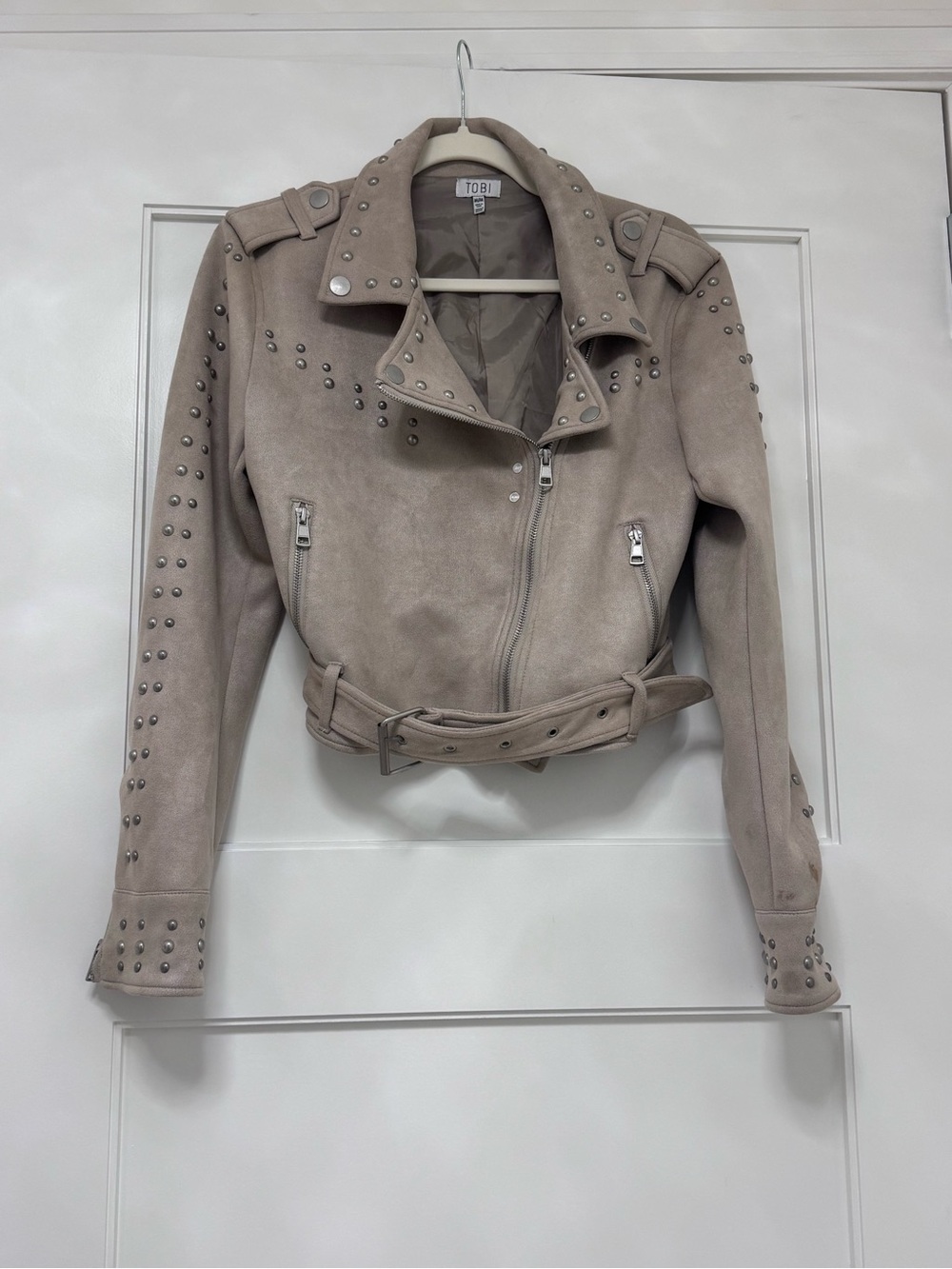 Tobi Taupe Studded Suede Moto Jacket